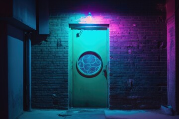 mystery-filled door in a building wall at night with neon lights - Generative AI