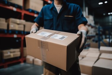 Male warehouse worker holding the package box in a warehouse storage. Generative AI