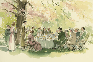 Spring Garden Tea Party Wash Painting