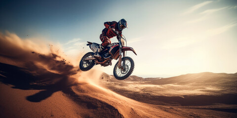 Fototapeta na wymiar Motorcyclist, motocross bike in jump, AI