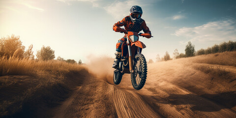 Obraz na płótnie Canvas Motorcyclist, motocross bike in jump, AI