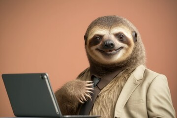 a happy sloth with laptop created with Generative AI technology - obrazy, fototapety, plakaty