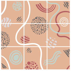 An abstract background of nine complementary backgrounds that can be used together or separately. Geometric shapes in the form of circles, waves, stripes and lines in pastel colors. Modern vector. 