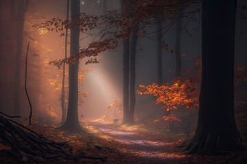 lighting up an autumnal woodland. Generative AI