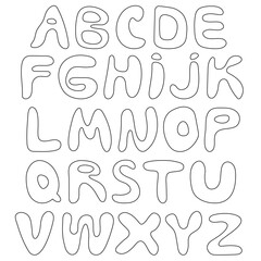English alphabet, set of rounded letters. Black and white font, children's alphabet.