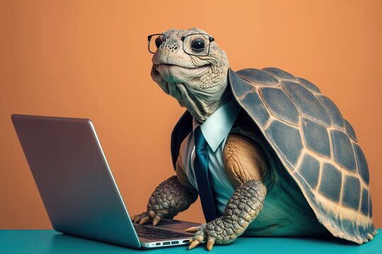 a happy turtle in a business suit with a laptop created with Generative AI technology