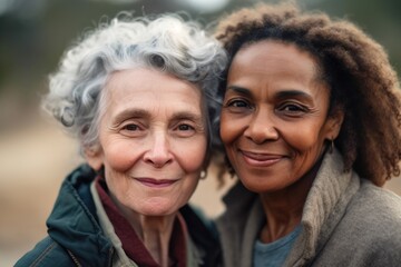 Senior lesbians embracing together in a park. Generative AI