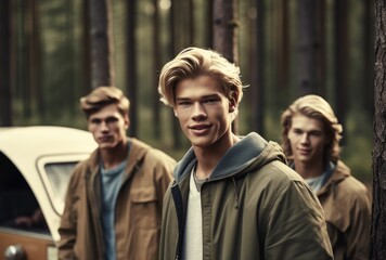 Fototapeta premium Handsome young man posing in front of a tent with a group of male mountaineers in a northern forest. Generative AI