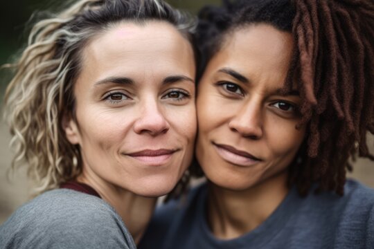 Mature lesbians embracing together in a park. Generative AI