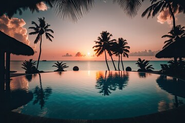 Naklejka na ściany i meble A luxurious pool with a setting sun. Palm trees, a health spa, and a summer beach resort. Generative AI