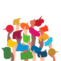 SDGs development goals environment. Hands exchange ideas, holding speech bubble with vote election. Team cooperation communicate collaborate. Multicultural group with talk message vector illustration