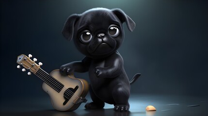Fototapeta na wymiar 3D render of a cute pug playing guitar. A cute pug holding a guitar. Pet concept art created with Generative AI Technology.