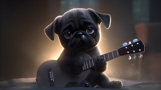 3D render of a cute pug playing guitar. A cute pug holding a guitar. Pet concept art created with Generative AI Technology.