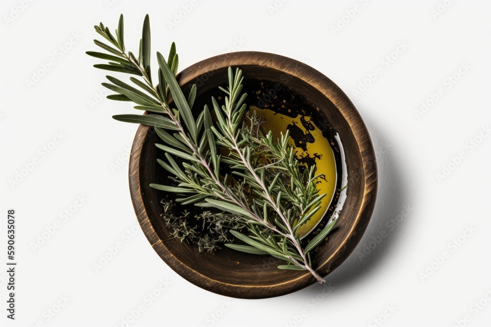 Sticker olive oil and rosemary leaves on a wooden bowl, seen from above. generative ai