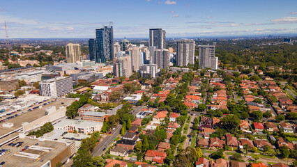 Obraz premium Aerial drone view of Chatswood CBD in the Lower North Shore of Sydney, NSW Australia on a sunny morning in April 2023 