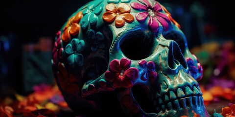 Day Of the dead, Colorful Skull, Vivid solid color background. Generative AI