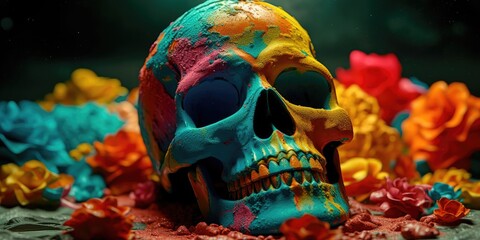 Day Of the dead, Colorful Skull, Vivid solid color background. Generative AI