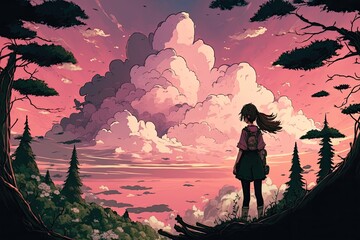 Fototapeta premium A pink sky and gorgeous clouds in an anime-style woodland. Generative AI