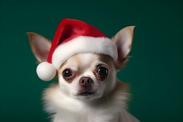 Chihuahua dog wearing red santa claus hat, isolated on green christmas background. Cute puppy in xmas costume. Generative AI
