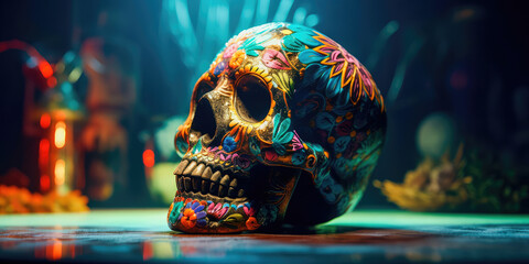 Day Of the dead, Colorful Skull, Vivid solid color background. Generative AI