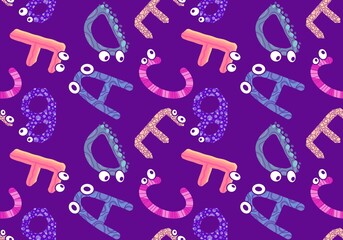 Cartoon English alphabet letters seamless monster with eyes pattern for kids clothes print and accessories and linens