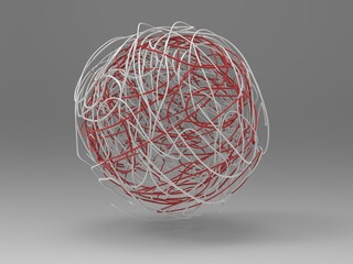 Big ball of entangled red and blue wires - on light background