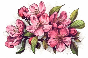 pink flowers with green leaves. Generative AI