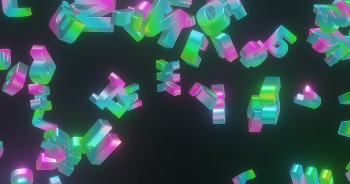 A lot of alphabet letters in motion on a black background. Seamless looping 4K video