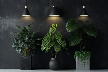 Three black ceiling lamps, a potted plant, and a black marble wall. Frontal copy area. Generative AI
