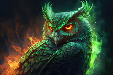 Evil owl in red green flames, fantasy, illustration generative AI