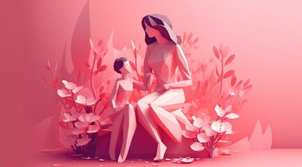 Mother's day greeting card clipart personalized mother card template, in the style of 3D polygonal paper art with Generative AI