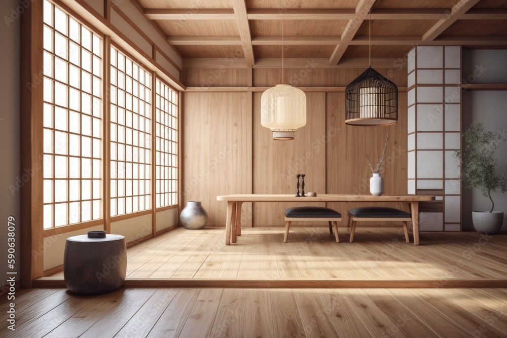 Aufkleber an empty wooden-floored room with a table and chairs. generative ai