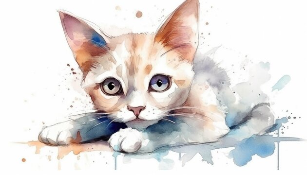 Watercolor cute cat white background with generative ai