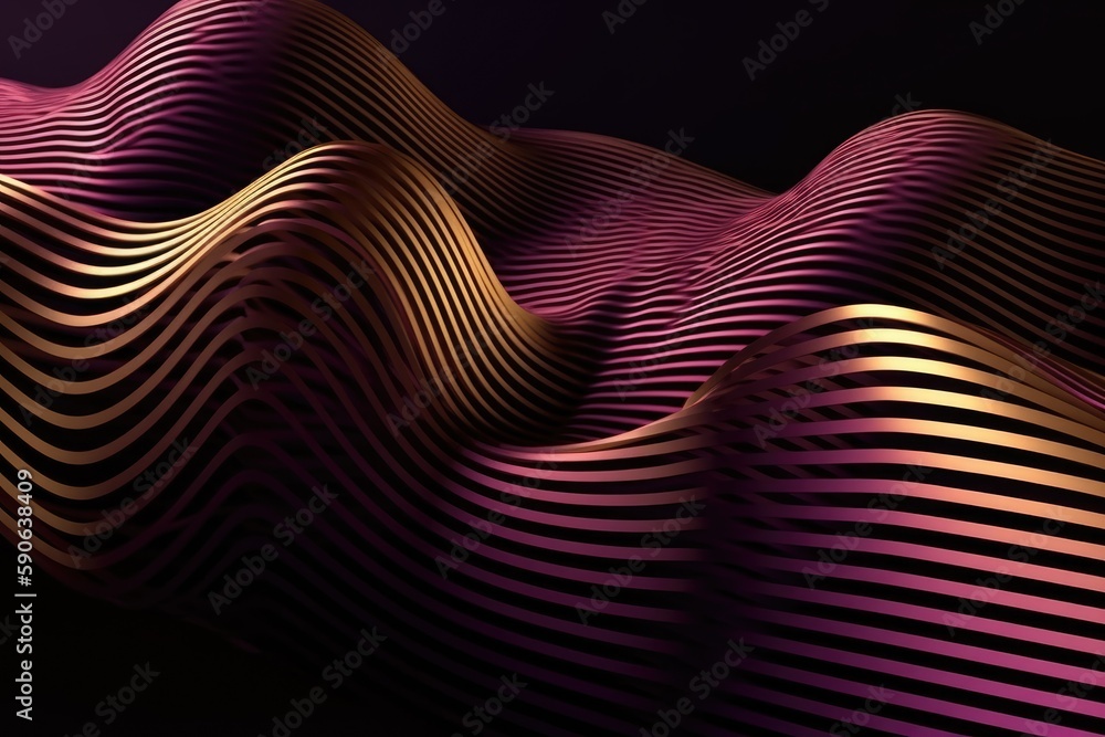 Poster wavy golden and purple metallic 3d background.. generative ai