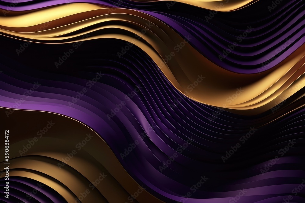 Poster wavy golden and purple metallic 3d background.. generative ai