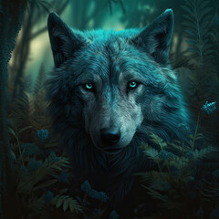wolf in the dark forest. Generative AI image.