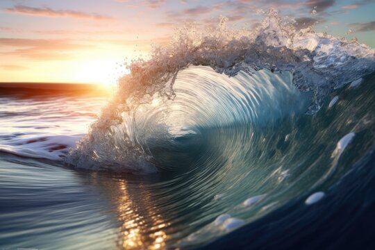 An ocean wave splashing at sunset -  AI Generated