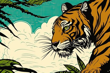 A close-up view of a tiger in the Sumatra jungle. Generative AI