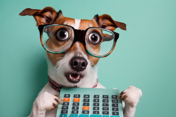 cute jack russell terrier dog in glasses with surprised eyes counting taxes, created with Generative AI technology - obrazy, fototapety, plakaty