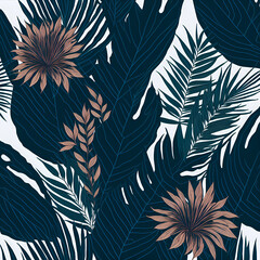 Pattern of drawing tropical leaves and colorful flowers in a modern style, jungle exotic print texture of natural elements on a black background, created by Generative AI