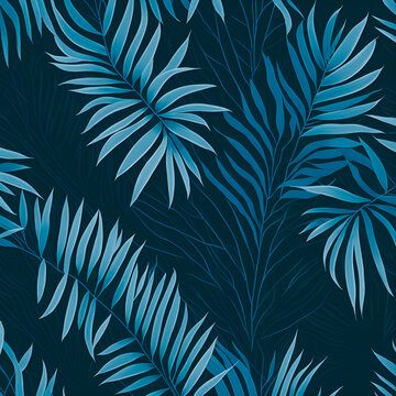 Pattern of drawing tropical leaves and colorful flowers in a modern style, jungle exotic print texture of natural elements on a black background, created by Generative AI