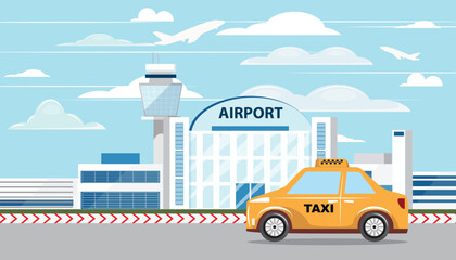 Illustration of a yellow taxi driving next to the airport building.