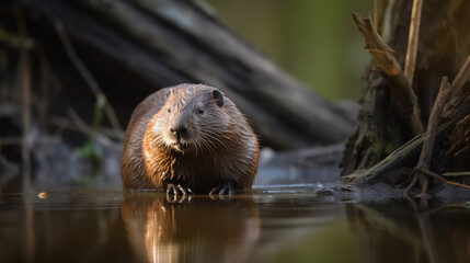 A young beaver in its natural habitat. 