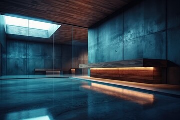 bright room with a skylight and a wooden bench. Generative AI