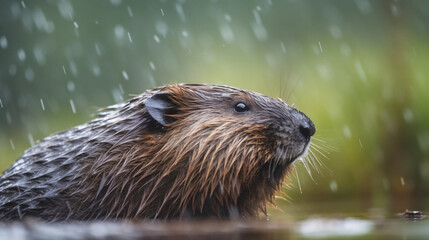 A young beaver in its natural habitat. Rainy day.
