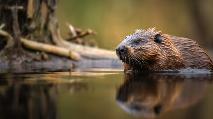 A young beaver in its natural habitat. Rainy day. - obrazy, fototapety, plakaty