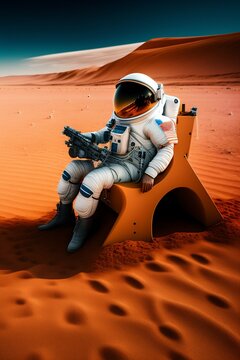 HD Image A astronaut was sitting on a beach chair on mars 
