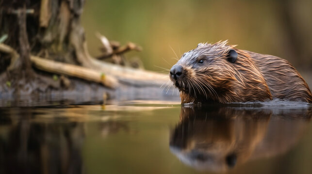 A young beaver in its natural habitat. Rainy day.