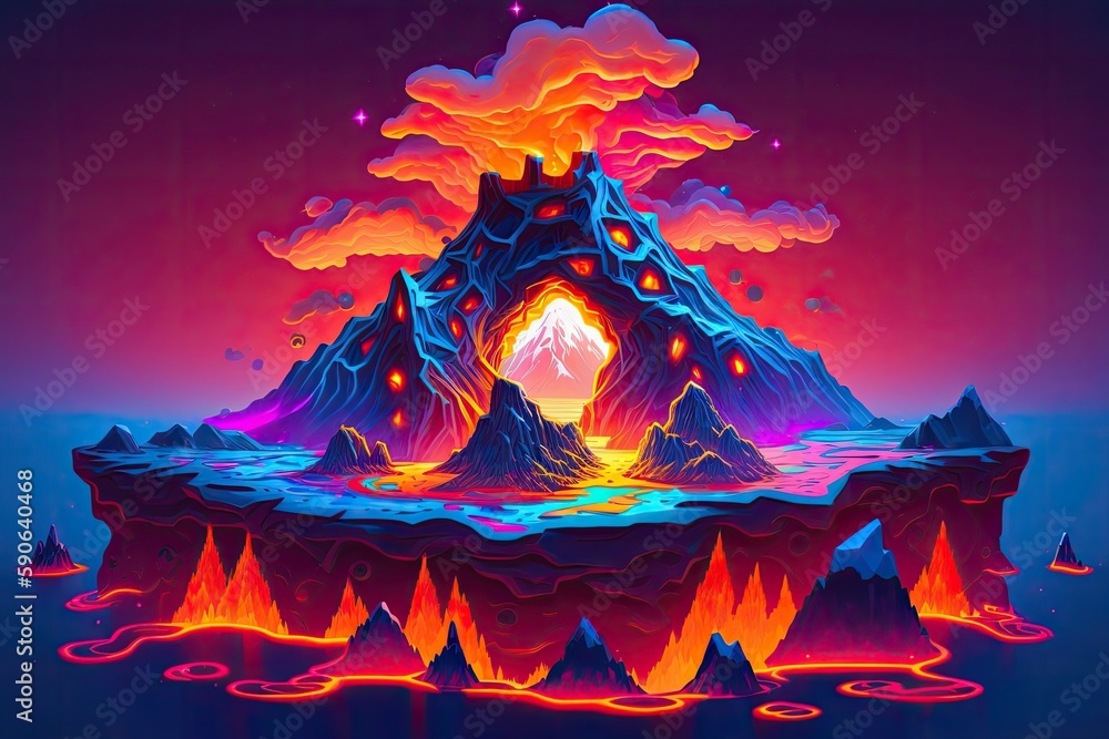 Poster exploding volcanic lava with neon light. bleak future environment a raster representation. generativ