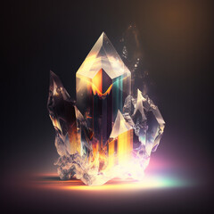 a large crystal with iridescence and bright glitter on a dark background. generative ai	